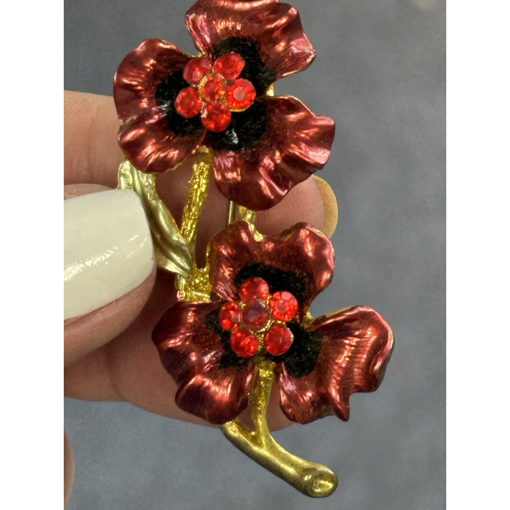 Vintage Enamel Red Rhinestone Flower Floral Jewelry Brooch Pin Good Toned - Picture 3 of 10
